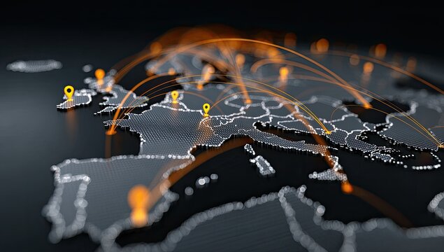 Digital Europe map with glowing orange connections between key locations - Powered by Adobe