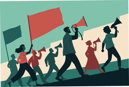 Protesters holding diverse banners, shouting through megaphones, a powerful display of collective action and civic engagement.