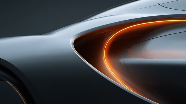 Dark gray background streamlined dual-curve design rendering with orange silver gradient, futuristic elegant form for industrial design or tech advertising
