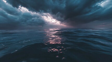 Dramatic Ocean Storm Approaching With Rays of Light Breaking Through Dark Clouds