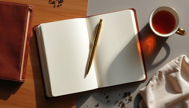 Luxurious Flat Lay of Leather Journal, Gold Pen & Artisanal Tea on Wooden Table, Premium Lifestyle, Workspace Inspiration, Elegant Stationery, Minimalist Aesthetic