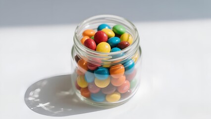 Colorful Chocolate Candy in Glass Jar with Bright Light and Shadow