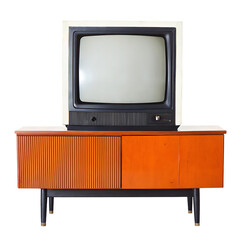 Vintage television on wooden cabinet isolated on a transparent background old tv
