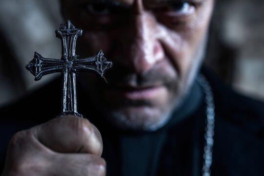 Angry priest holding crucifix close, Catholic exorcism confrontation scene