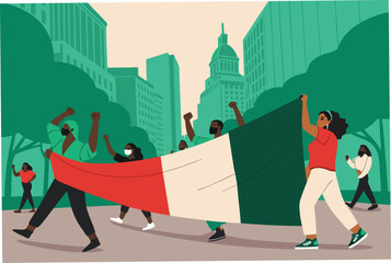 Fototapeta premium Protesters holding a massive banner, blocking a city street, demonstrating for social change and freedom.