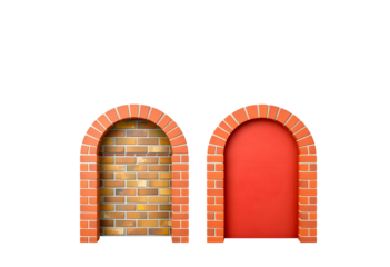 Arched brick doorways with brick and red interiors