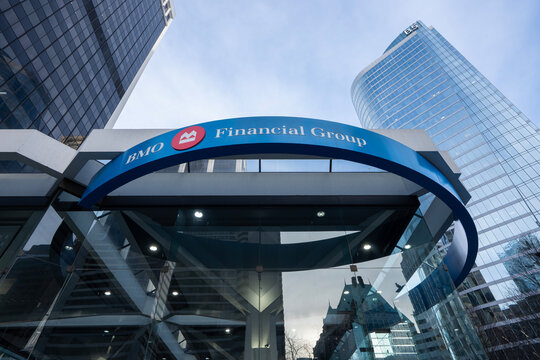 Vancouver, BC, Canada - Dec 31, 2024: The BMO Financial Group sign is seen at the entrance to the BMO Bank of Montreal Main Branch in downtown Vancouver, British Columbia.