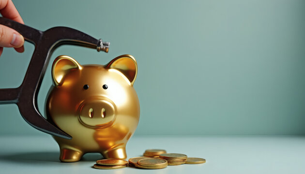 Financial Pressure Concept Golden Piggy Bank Squeezed by C-Clamp, Symbolizing Budget Stress, Savings Struggle, and Economic Anxiety – High-End  for Finance Ads