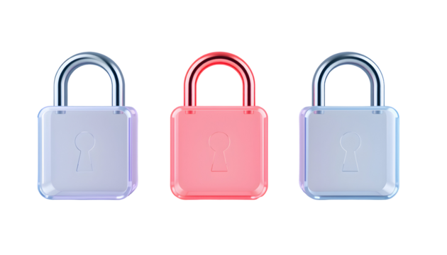 Three 3D Cartoon Padlocks Security Privacy and Protection