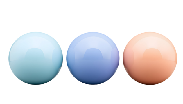 Three glossy spheres in different pastel colors on a transparent background
