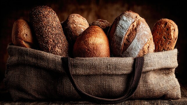 Variety of loaves in a burlap bag