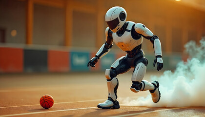 Fototapeta premium Humanoid robot running playing football isolated on white background