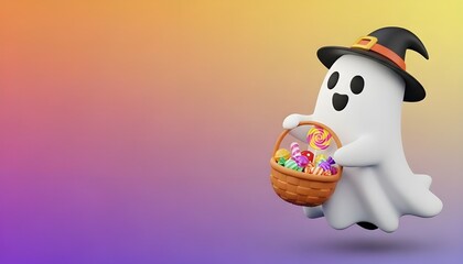 A cute ghost holding a candy basket floating on the right side, with a bright gradient background and large empty space on the left for text, playful Halloween mood.