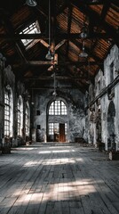 Abandoned industrial hall, sunlit interior