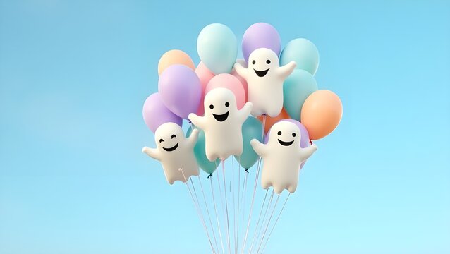 A bunch of floating ghost-shaped balloons with smiling faces, pastel colors, tied with ribbons, floating against a blue sky, whimsical Halloween design. - Powered by Adobe