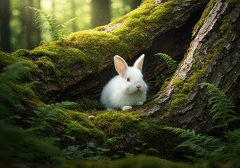 Enchanting Forest Dweller A Realistic Bunny Amidst Mossy Greens