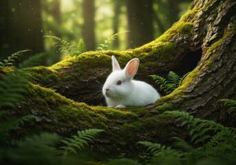 A Realistic White Bunny Peeking from a Moss-Covered Forest Hollow, Captured in Soft, Natural Light