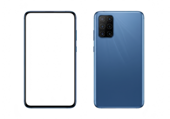Modern blue smartphone, front view with blank white screen and back view showing camera, isolated on transparent background