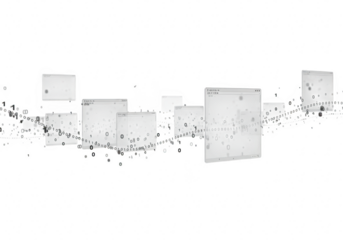 Abstract geometric composition of floating cubes and particles, representing data and technology, isolated on transparent background