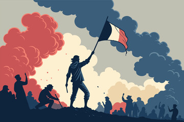 Dynamic revolutionary scene, chaotic smoke, vibrant flares, street protest, defiance, resistance, urban upheaval, symbolic struggle, impactful visuals, flat design aesthetic.