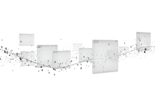 Abstract geometric composition of floating cubes and particles, representing data and technology, isolated on transparent background