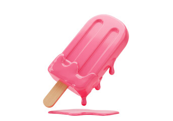 Isolated Realistic Melting Pink Strawberry Popsicle on a Wooden Stick