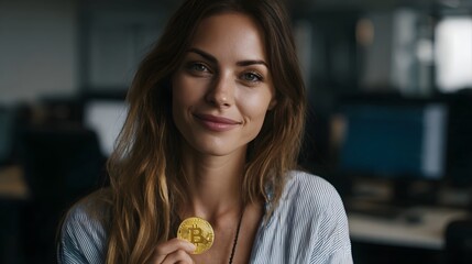 Confident woman holding a bitcoin coin in a tech office