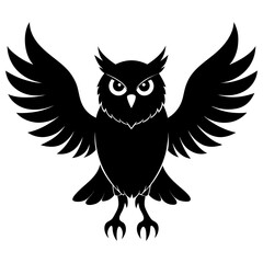 Obraz premium Black silhouette of a flying owl isolated on white background