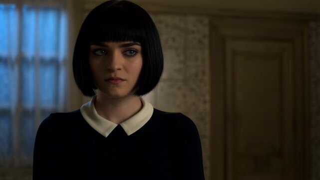 Young woman with bob haircut and peter pan collar stares pensively in a room