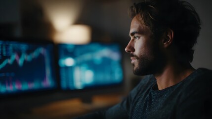 Fototapeta premium A man intently examines financial data on dual computer screens in his home office long title A focused individual deeply engrossed in analyzing