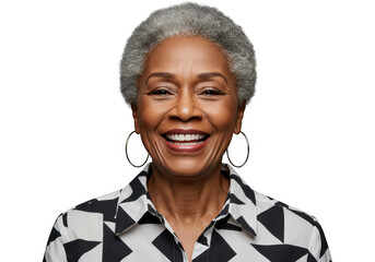 Portrait of a smiling senior african american woman with gray hair, isolated on transparent background