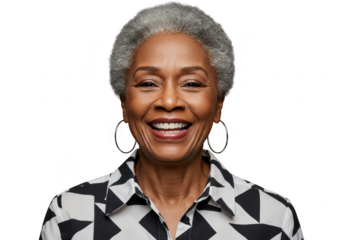 Portrait of a smiling senior african american woman with gray hair, isolated on transparent background