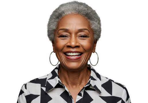 Portrait of a smiling senior african american woman with gray hair, isolated on transparent background