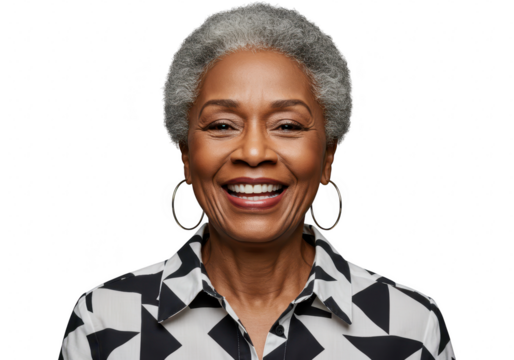 Portrait of a smiling senior african american woman with gray hair, isolated on transparent background - Powered by Adobe