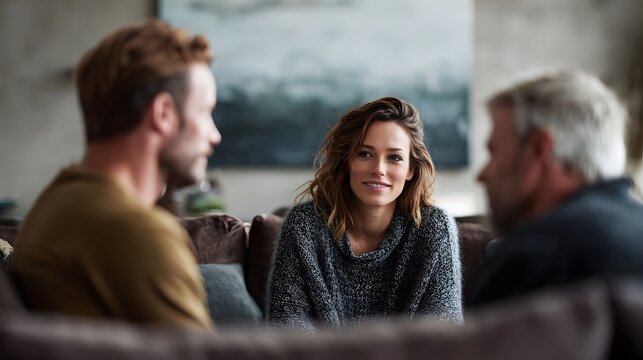 Family discussing property investment plan in living room setting