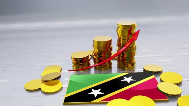 Saint Kitts and Nevis Flag With Finance Growth Gold Coins Chart and Arrow