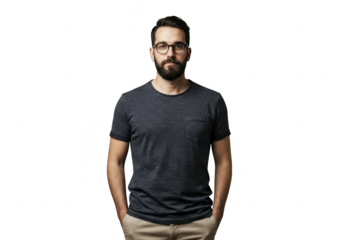 Young man with beard and glasses wearing a tshirt and standing with hands in pockets, isolated on transparent background