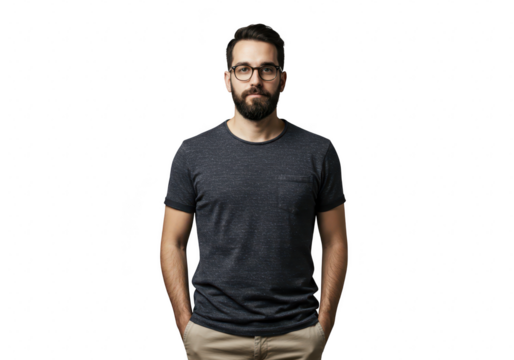 Young man with beard and glasses wearing a tshirt and standing with hands in pockets, isolated on transparent background