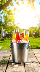 Iced drinks in a bucket outdoors