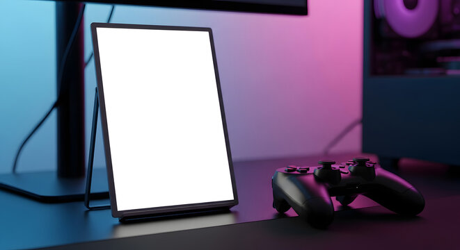 Blank digital tablet on a desk next to a game controller in a modern gaming setup with colorful ambient lighting - Powered by Adobe
