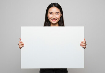 A smiling young asian woman holding a blank white sign in front of a neutral background
