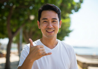 Smiling asian man in white t shirt making shaka sign outdoors with trees and ocean in background