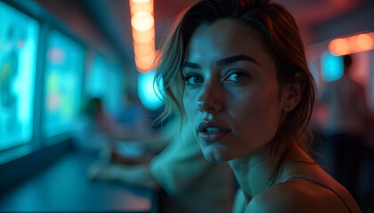 lbgtqai women face closeup with flag behind colorful diversity inclusion concept