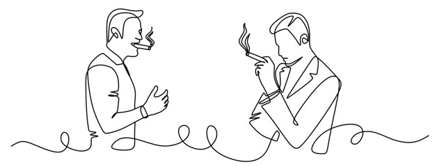 Continuous line art of two men smoking while talking. The concept of calming down and finding ideas. Taking a break outside of work hours.