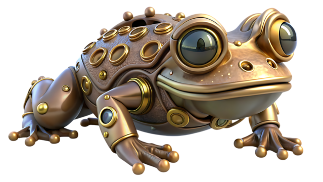 A steampunk frog with metal and golden accents
