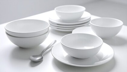 White bowls and plates on table