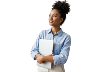 Young african american woman in business casual holding a laptop, looking away thoughtfully, isolated on transparent background