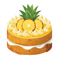 Cake with Pineapple Slices and Cream Decoration, Delicious Dessert - Vector Illustration