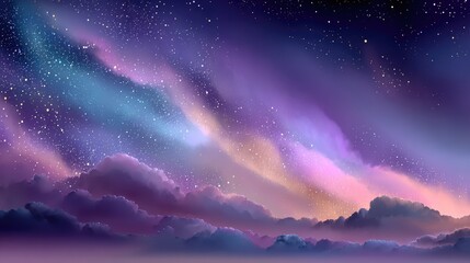Dreamlike nightscape with vibrant aurora borealis above a sea of clouds
