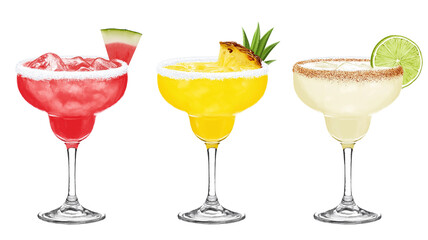 Watermelon, Pineapple, Coconut Margarita cocktail transparent PNG set bundle, isolated background. Colorful vibrant exotic tropical summer cocktails with garnish, bar menu drinks